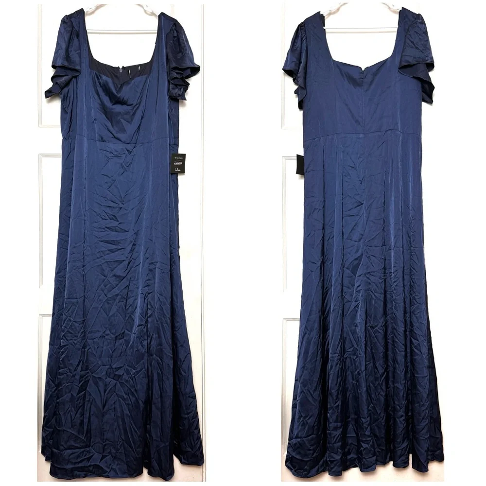 NWT LULUS Satin Square Neck Flutter Short‎ Sleeve Wedding Guest Formal Gown 3X